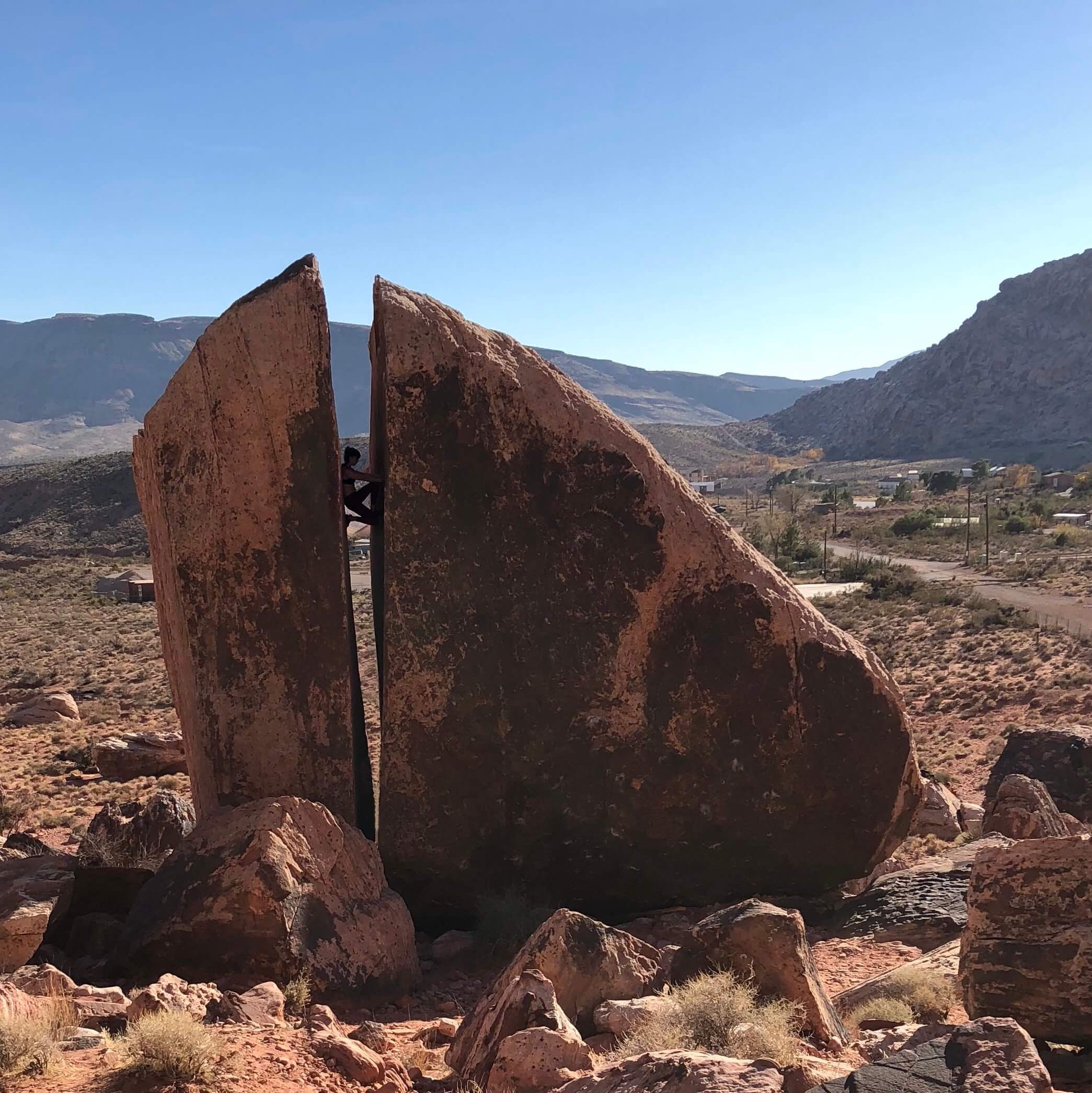 Maya Kumits bouldering Plumber's Crack at Calico Basin, Red Rock Canyon, Nevada