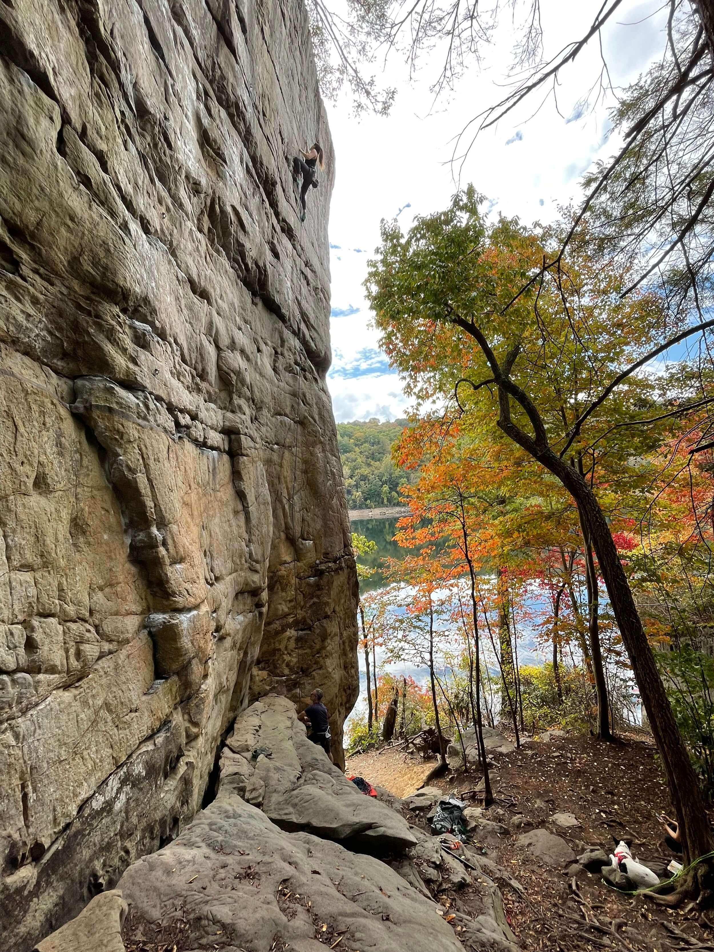 Maya Kumits sport climbing at Summerville Lake, New River Gorge, West Virginia