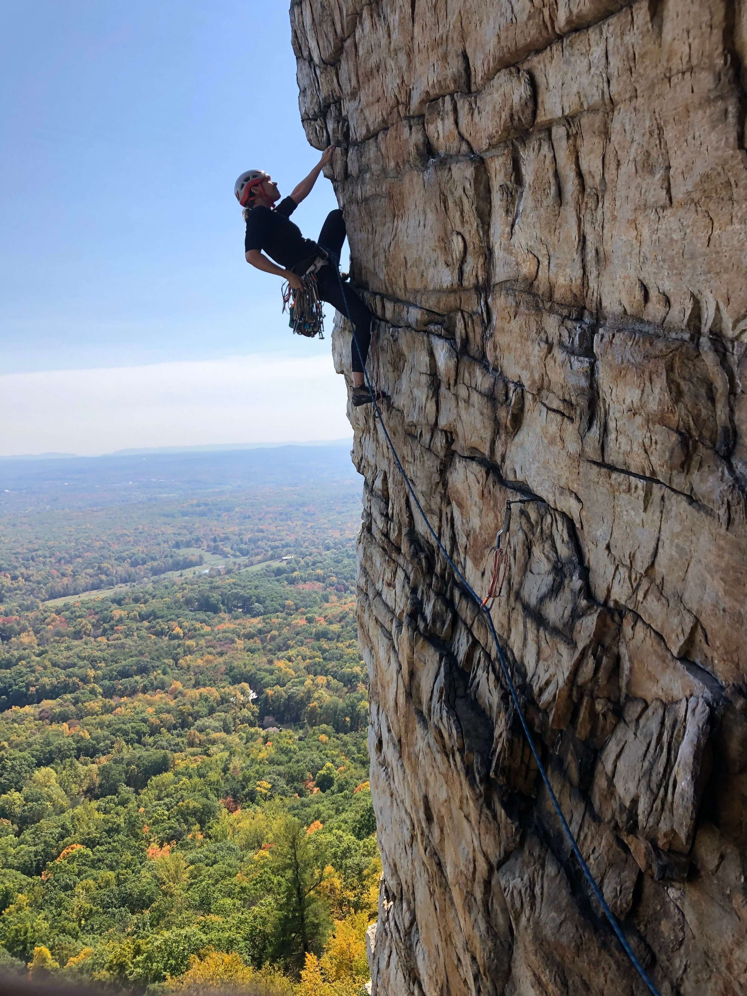 Maya Kumits Trad Climbing Bonnie's Roof at the Gunks